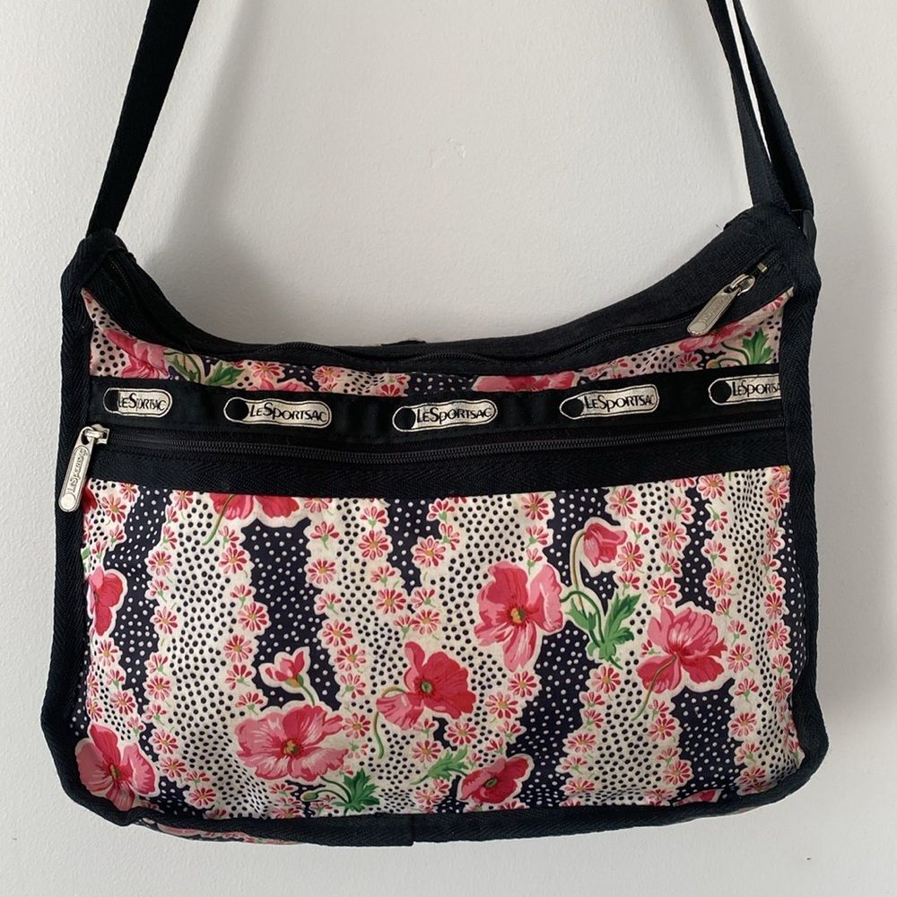 Lesportsac Pink Floral on Black Polkadots Shoulder Crossbody Bag Lightweight